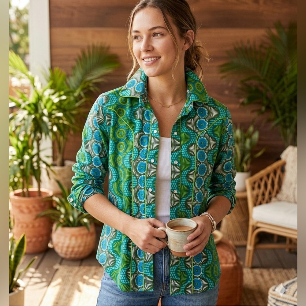 Apsara Artisan Cowgirl Shirt - Boho Coastal Western Block Print - Size XS